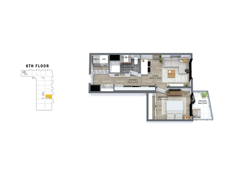 Floor plan for 1 bed, 1 bath, 620 sqft